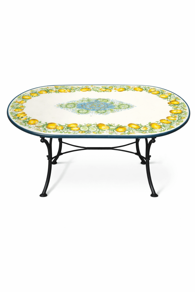 Table ovale en pierre de lave peinte à la main avec citrons et marguerites